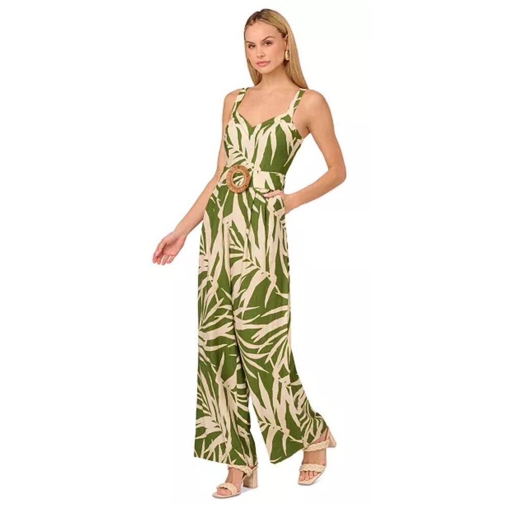 Adrianna Papell Green Ivory Palm Print Wide Leg Jumpsuit 12 NWT - Picture 2 of 16